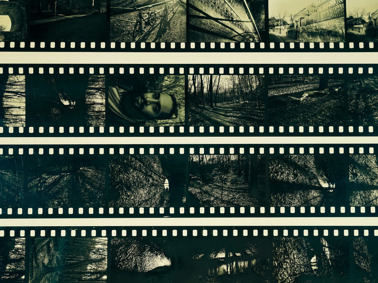 Film contact sheets arranged on a dark surface