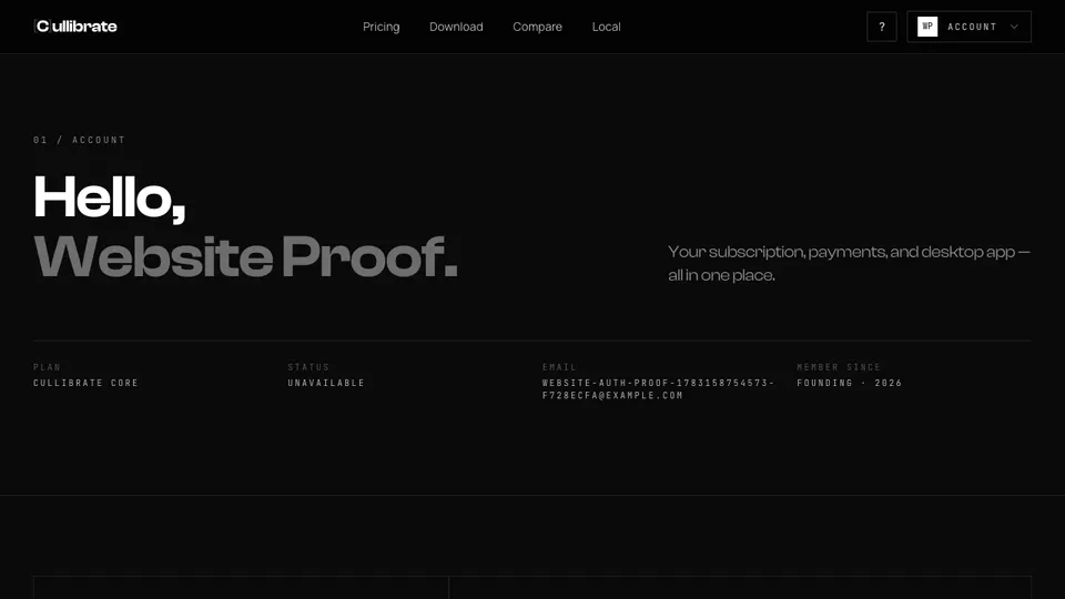 The Cullibrate account page overview.