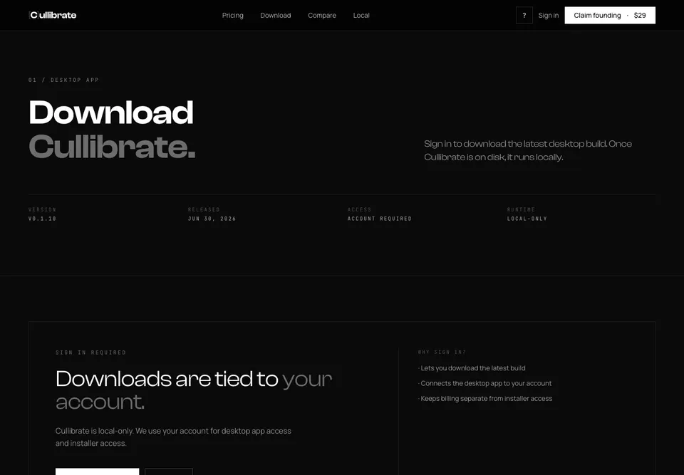 The Cullibrate download page with the currently published builds.