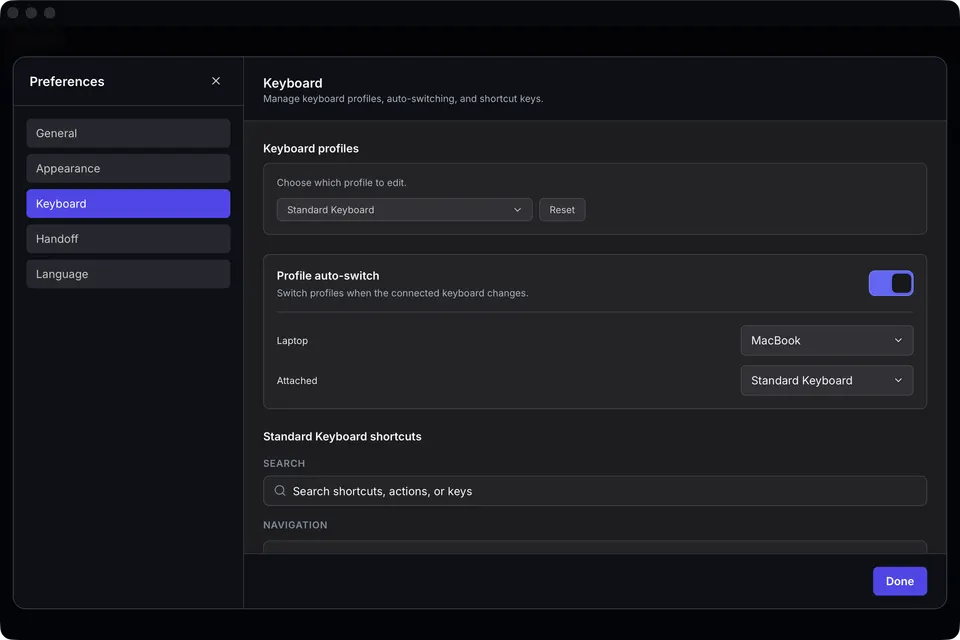 The keyboard-shortcuts panel inside Cullibrate.
