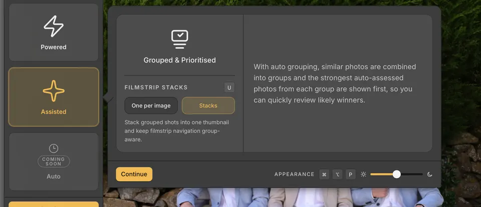 The Assisted review configuration exposes the grouped-stacks choice alongside the normal review workspace.