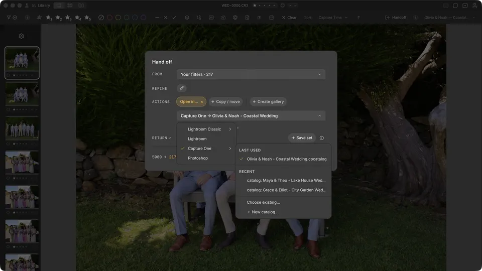 Capture One handoff dialog with catalog / session picker.