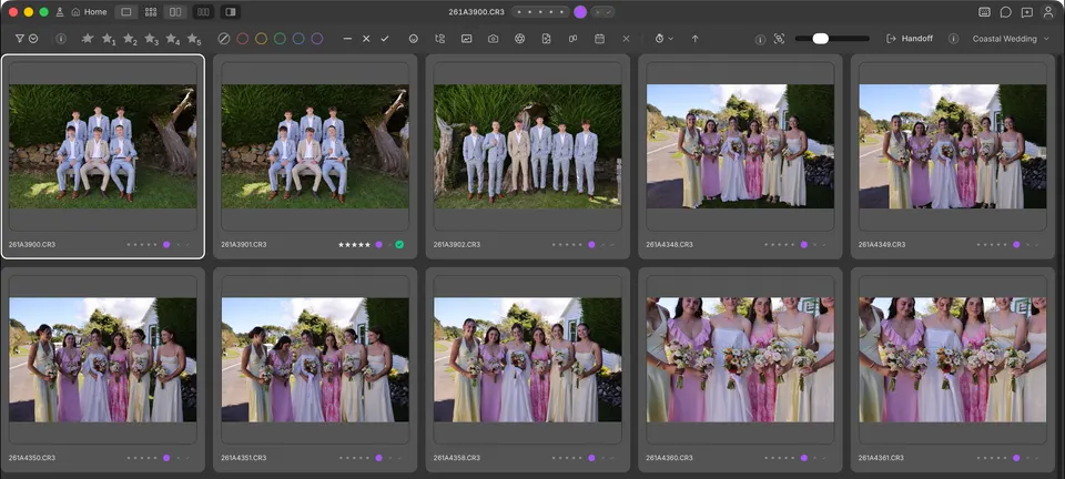 Wedding photos in Grid with Preview Edits off.