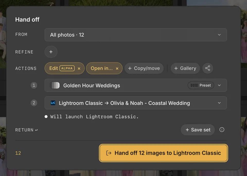 Handoff with Edit: Golden Hour Weddings is written into XMP, then the photos open in a Lightroom Classic catalog.