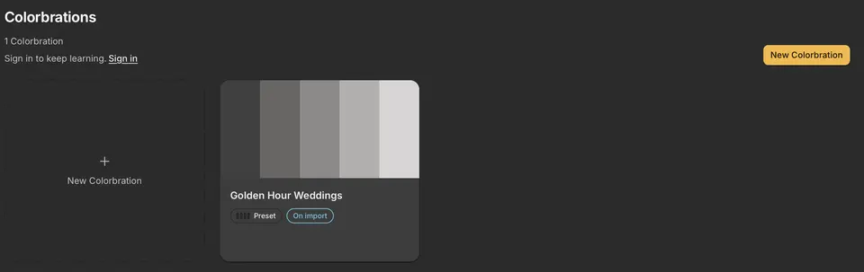 Home → Colorbrations with Golden Hour Weddings, a preset Colorbration.