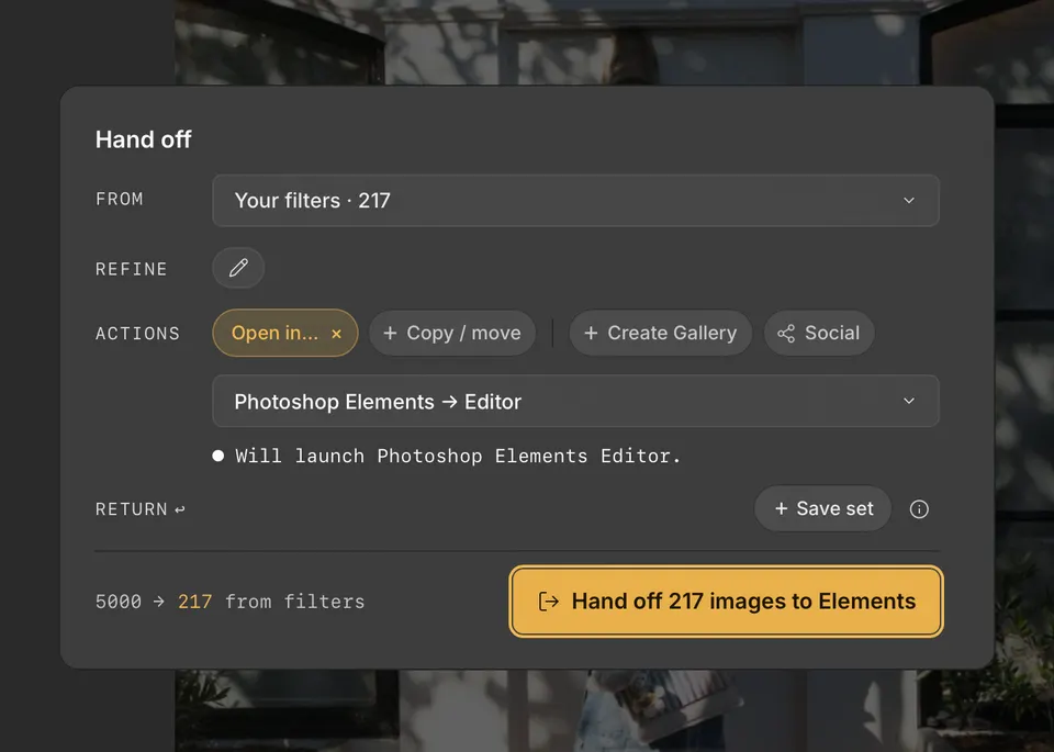 The Handoff card set to hand off 217 images to Photoshop Elements Editor.