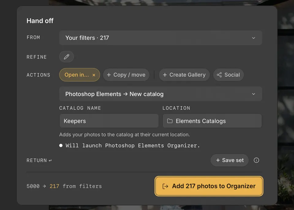 The Handoff card set to add 217 photos to a new Keepers catalog in Elements Organizer.