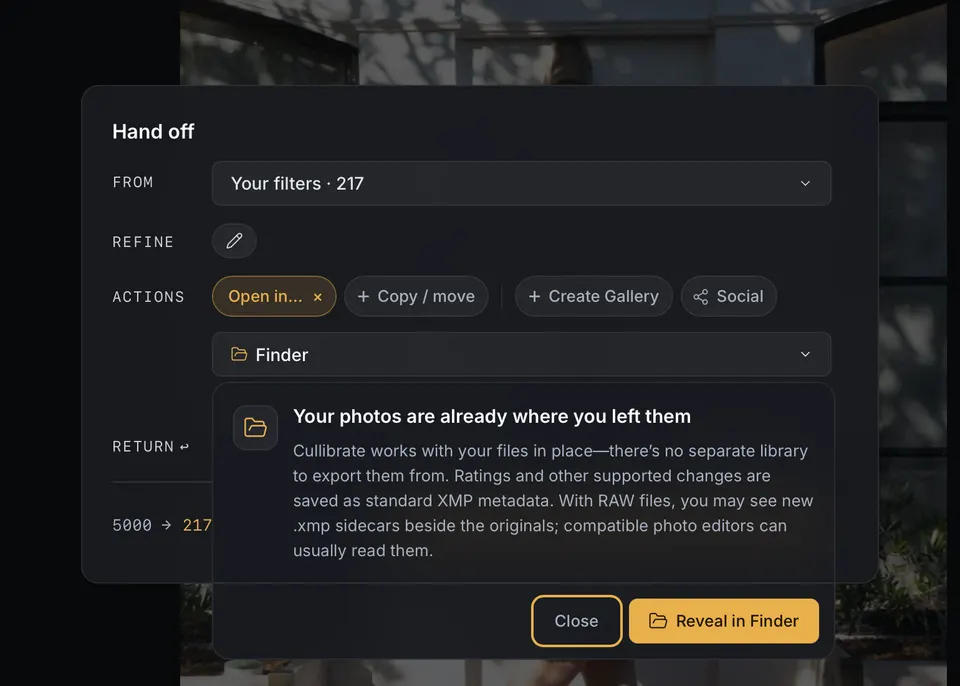The Finder panel in Handoff, ready to reveal the 217 filtered photos in Finder.