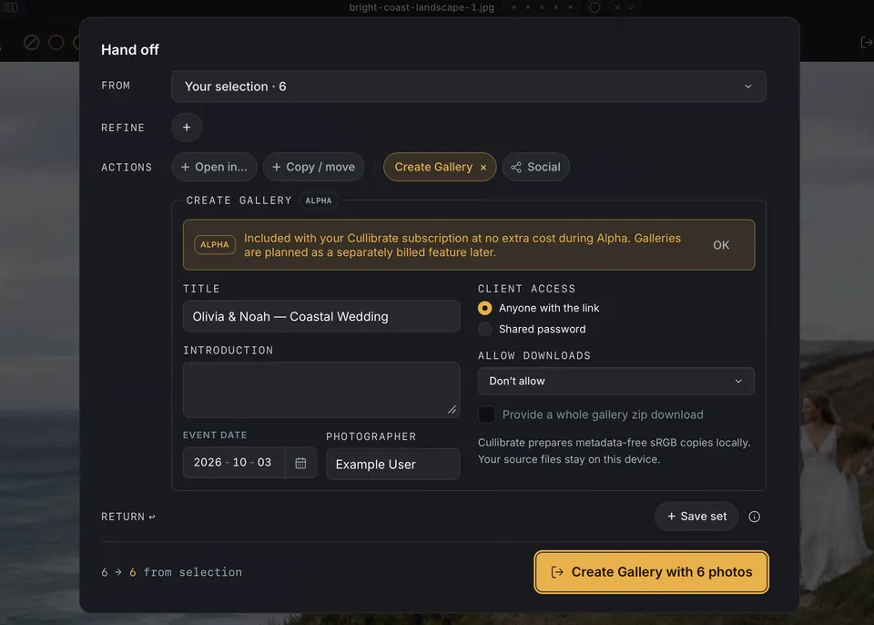 The Create Gallery box in Handoff, open to anyone with the link, with downloads off.