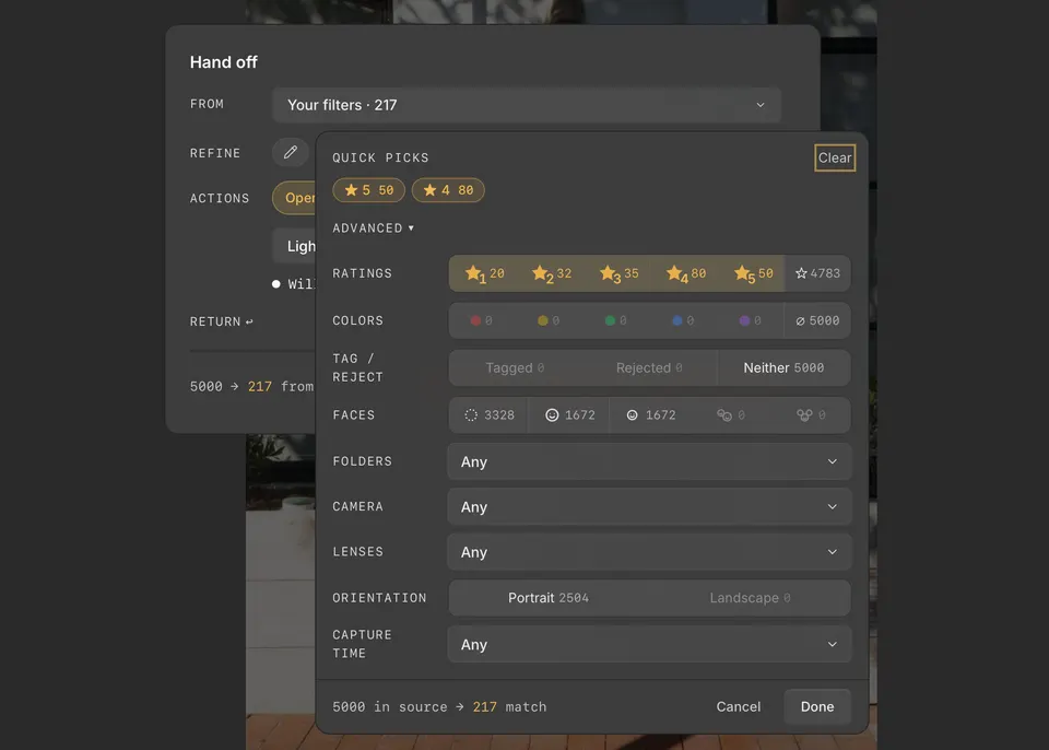 The Refine panel narrowing 5,000 photos to 217 with Quick picks and Advanced filters.