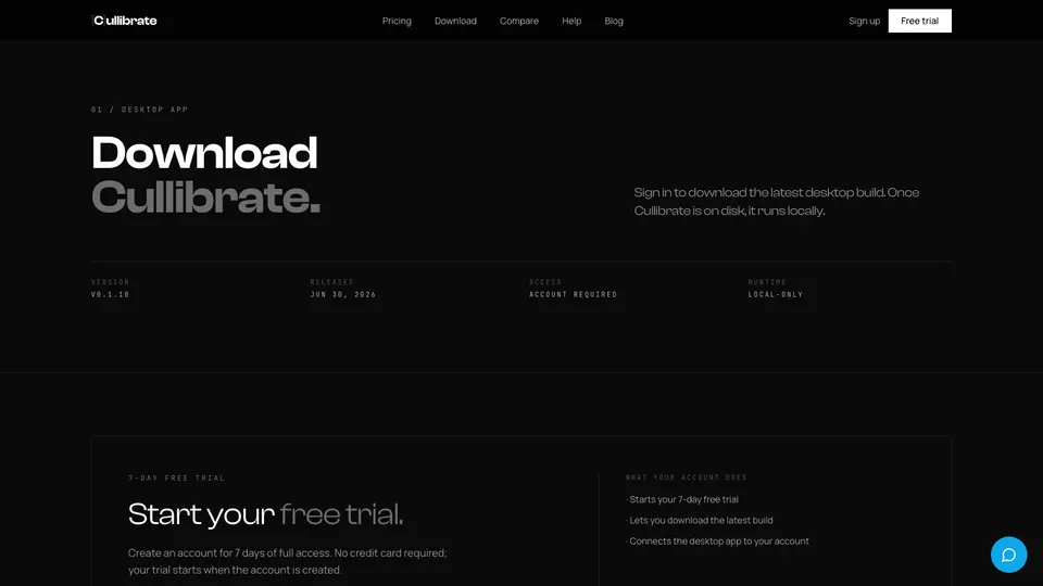 The Cullibrate download page with the currently published builds.