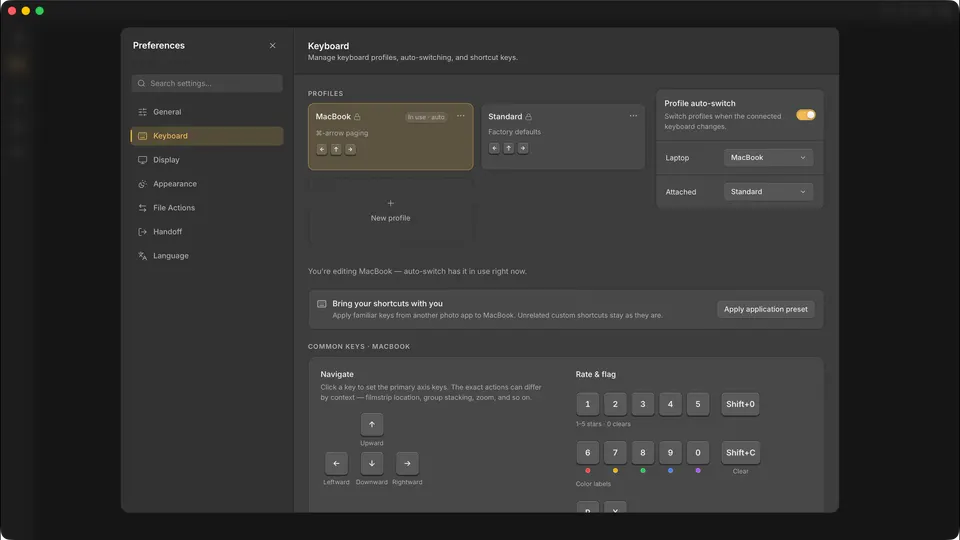 The keyboard-shortcuts panel inside Cullibrate.