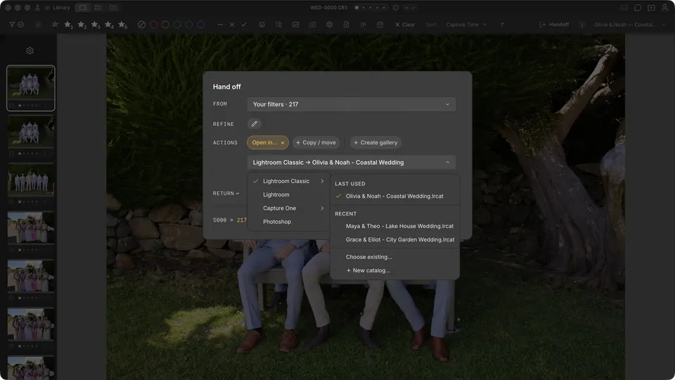 The Cullibrate handoff panel with Lightroom Classic selected.