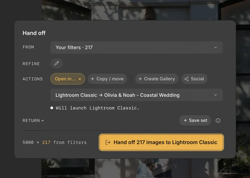 The Handoff card set to hand off 217 images to the Olivia & Noah - Coastal Wedding catalog in Lightroom Classic.