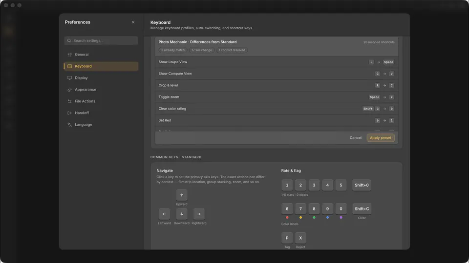Keyboard preferences listing each shortcut the Photo Mechanic preset changes, with Apply preset ready.