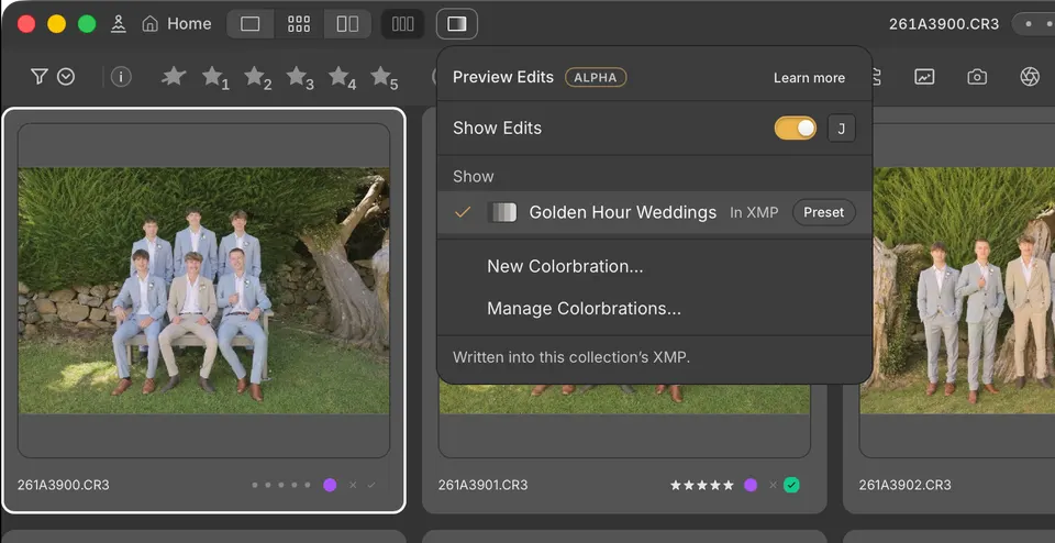 The Preview Edits menu with Show Edits on and Golden Hour Weddings chosen.