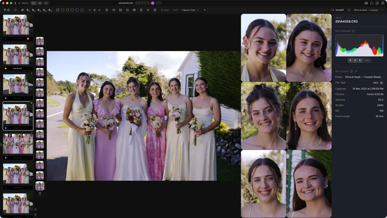 Cullibrate Faces Panel showing face close-ups beside a wedding photograph.