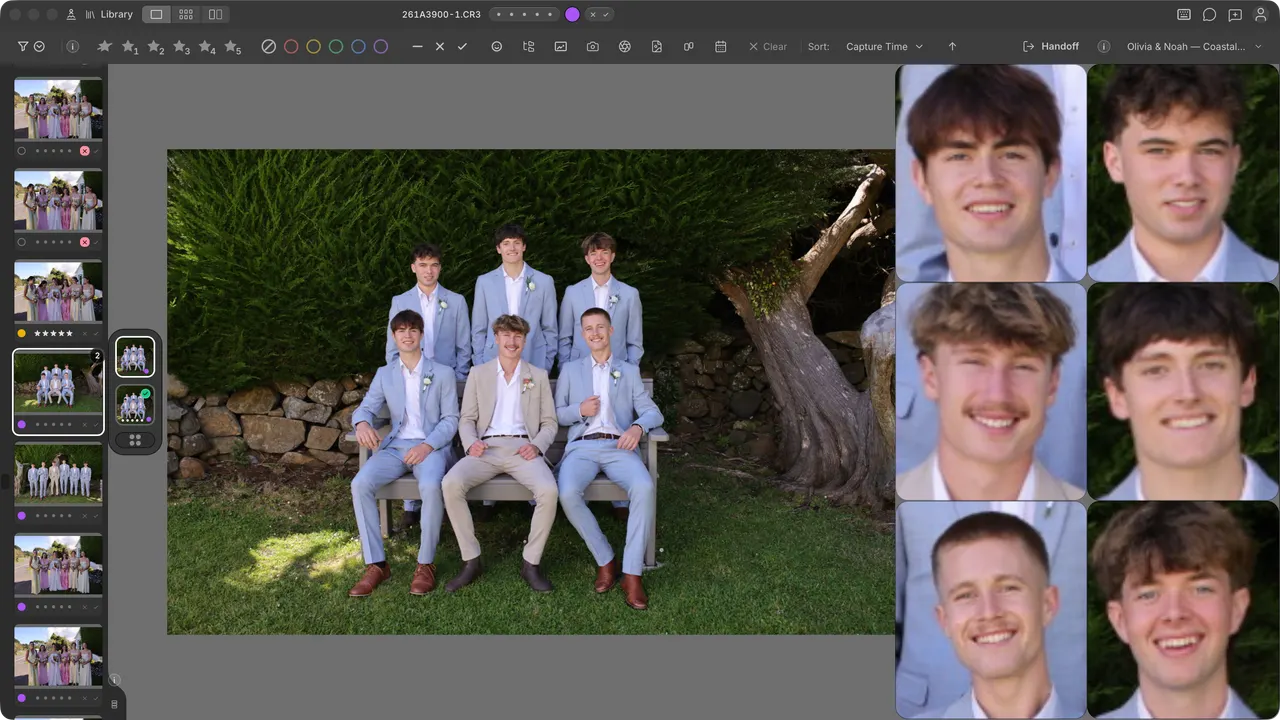 Cullibrate Faces Panel showing face close-ups beside a wedding photograph.