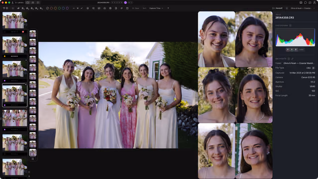 Cullibrate reviewing a bridesmaid group with a grouped filmstrip, 15-image mini-filmstrip, six face crops, histogram, and RAW metadata.