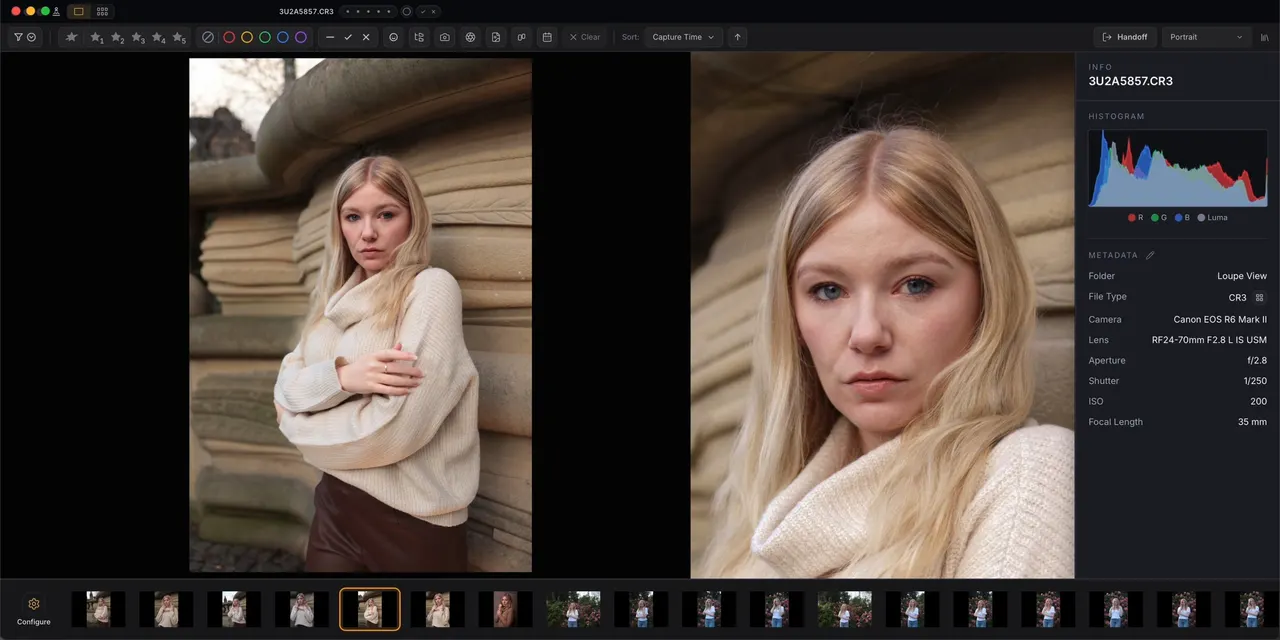 Cullibrate filmstrip view with portrait, face comparison, metadata, and image sequence.