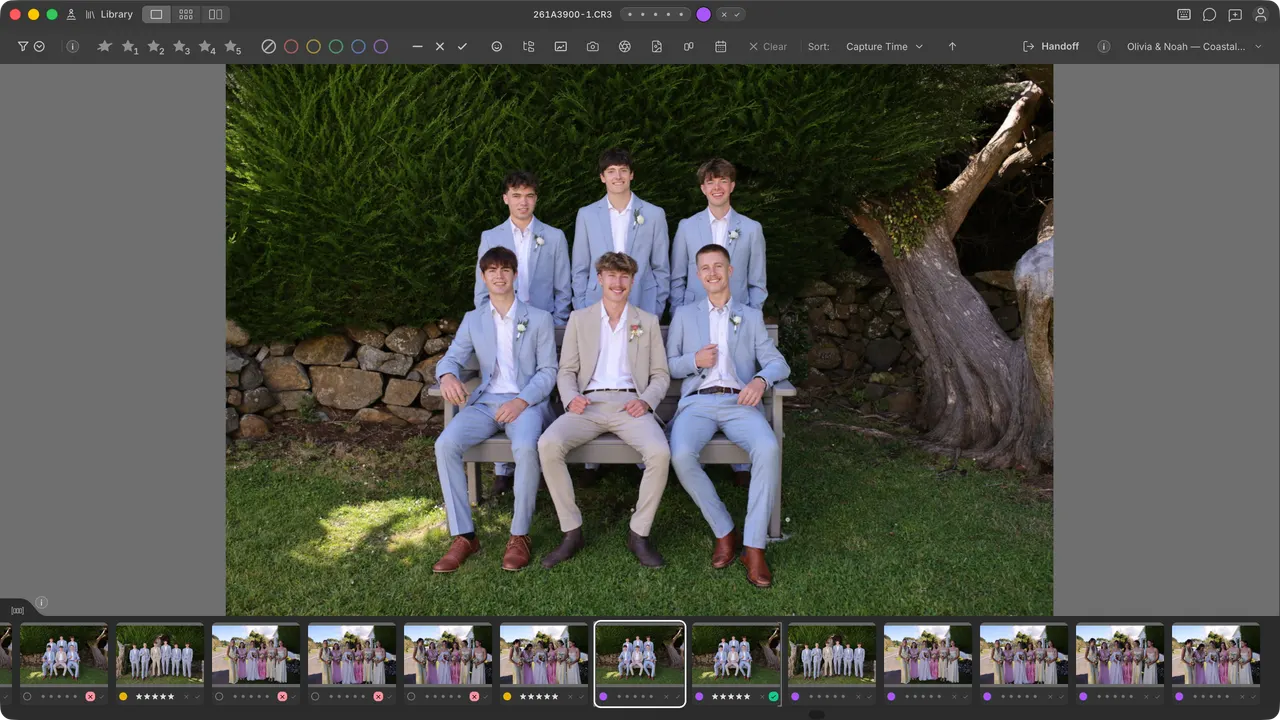 Cullibrate filmstrip view with portrait, face comparison, metadata, and image sequence.